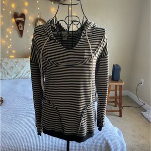 v neck striped off-white and navy blue with white drawstrings